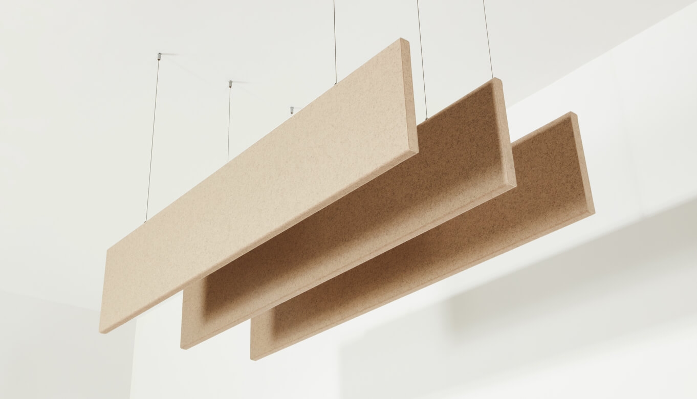 Display of 3 hanging linear baffles made of felt.